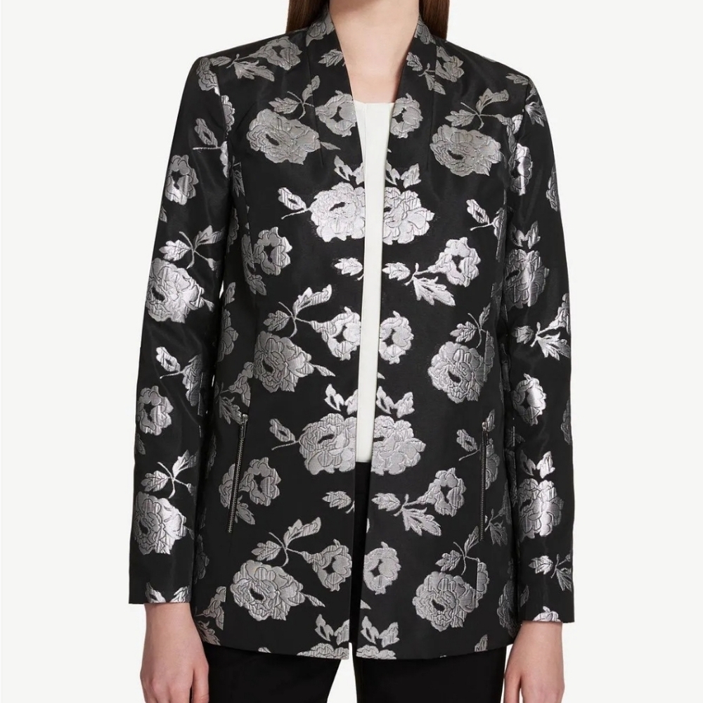 NWT Calvin Klein Black And Silver Metallic Brocade Blazer